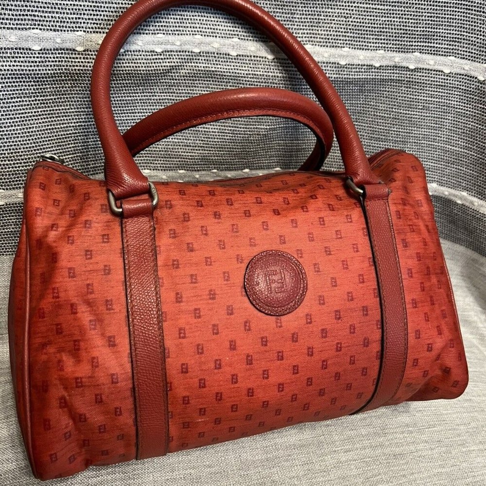 FENDI vintage Satchel Red Coated Canvas Shoulder Bag Medium
